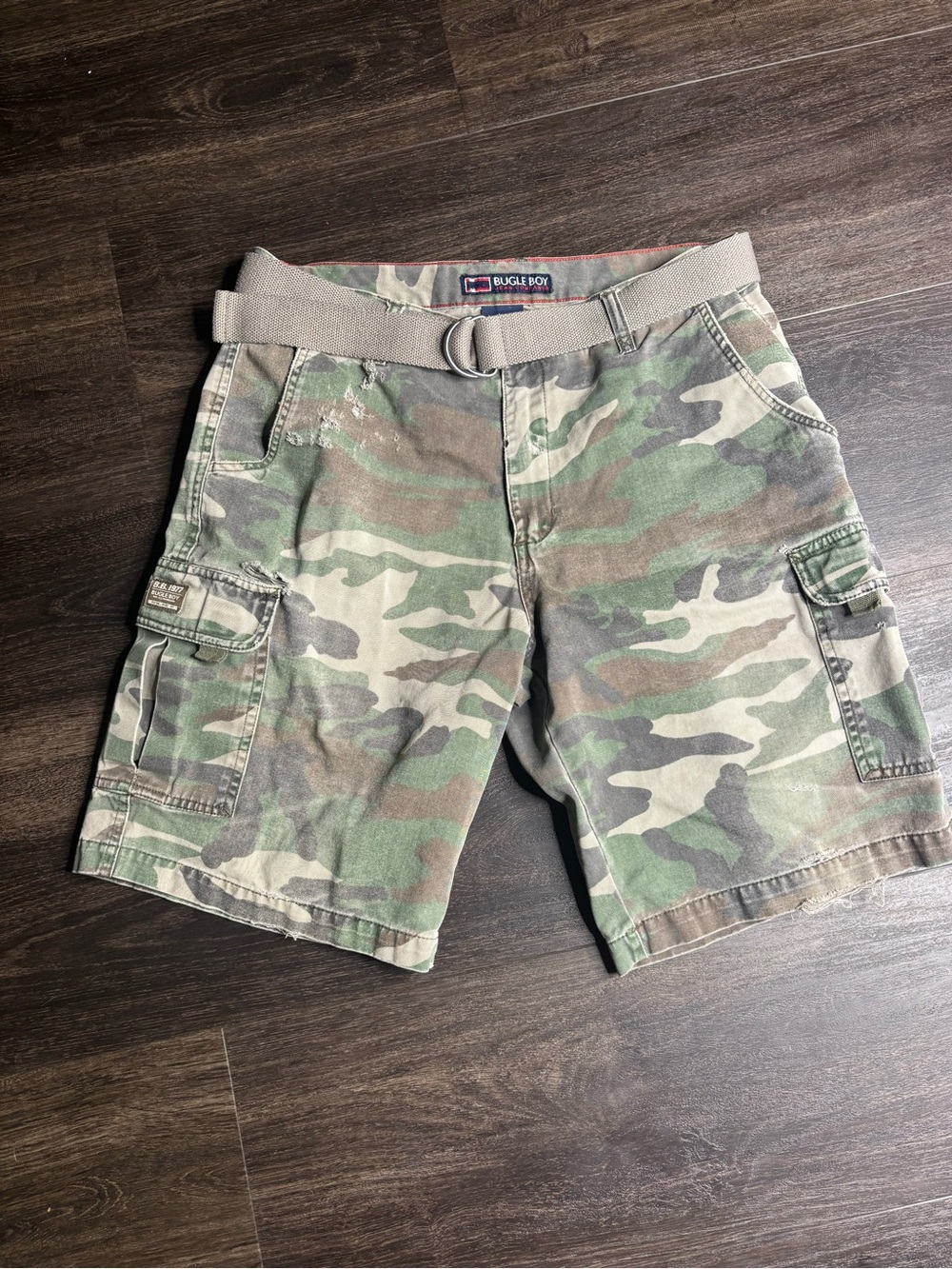 Y2K Bugle Boy Camo Cargo Shorts Distressed Size 34